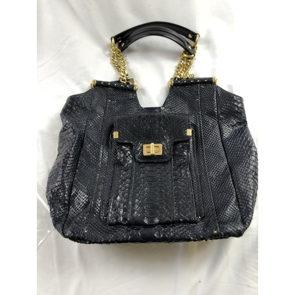 Olivia Harris Black Leather Snakeskin Tote Gold Chain Shoulder Bag Handbag